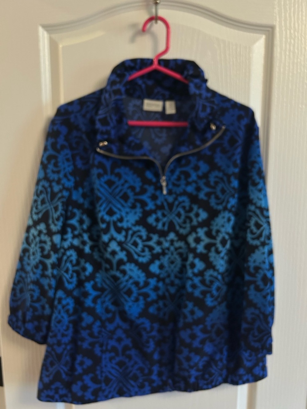 Chico's Blue and Navy Damask Utility Jacket